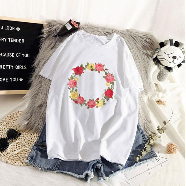 

women's t-shirt 90s ulzzang harajuku graphic funny lovely cartoon garland print o neck casual top, White