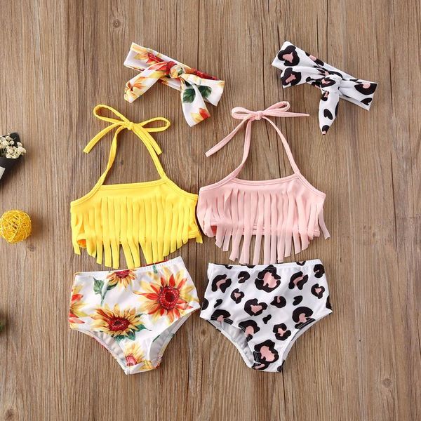 

fashion trend baby girl swimsuit three-piece set strappy bikini long tassel sunflower printed bow headband summer swimwear one-pieces, Black