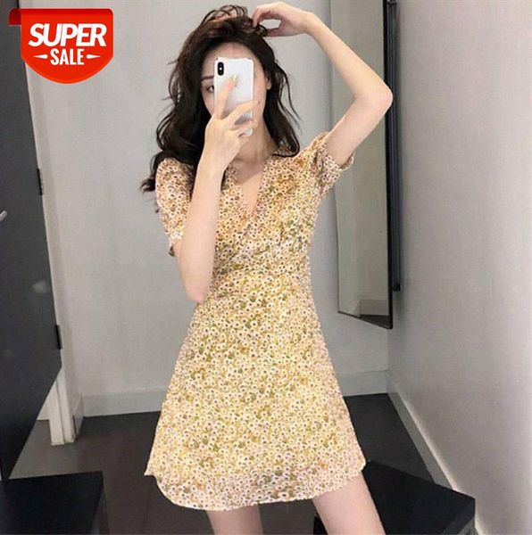 

korean version of the v-neck floral skirt for women, fashion, waist, thin, a-line skirt, western style, short-sleeved dress #4u6w, Black;gray