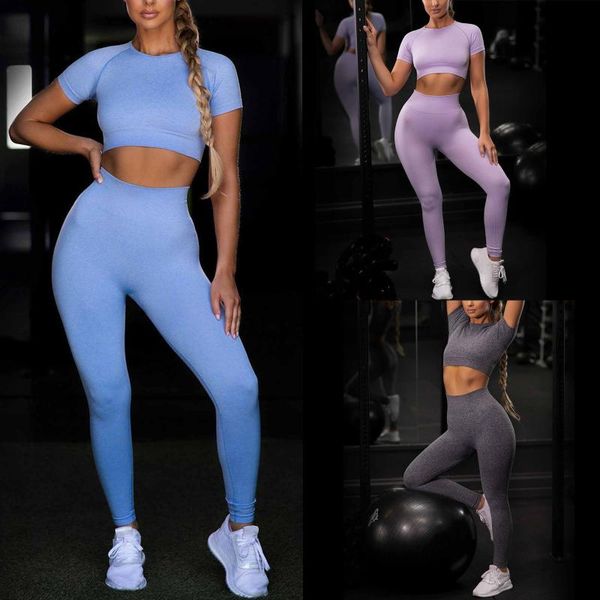 

seamless women yoga set workout sportswear gym clothing fitness short sleeve crop high waist leggings sports suits outfit