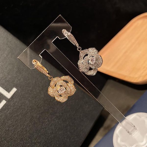 

dangle & chandelier luxury rose flower pendant earrings cz crystal stone camellia drop women elegant party accessories gold/silver color