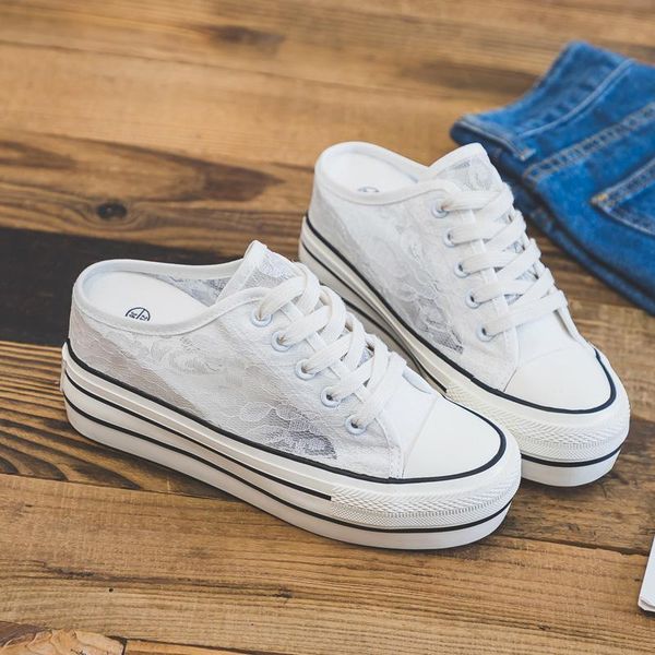 

summer lace breathable casual canvas shoes women's pedal half-back increased sneakers internal increasing slippers, Black