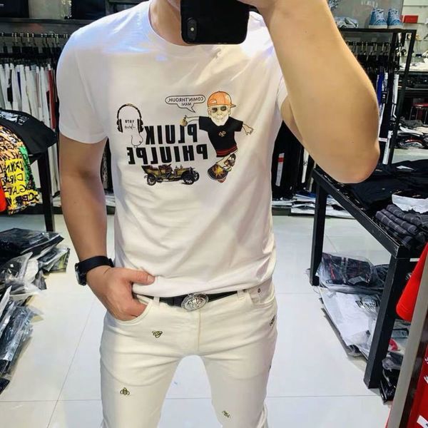 

2021 polo summer shirt fashion round ne t-shirt men's elastic slim print casual cool versatile short sve cloth, White;black