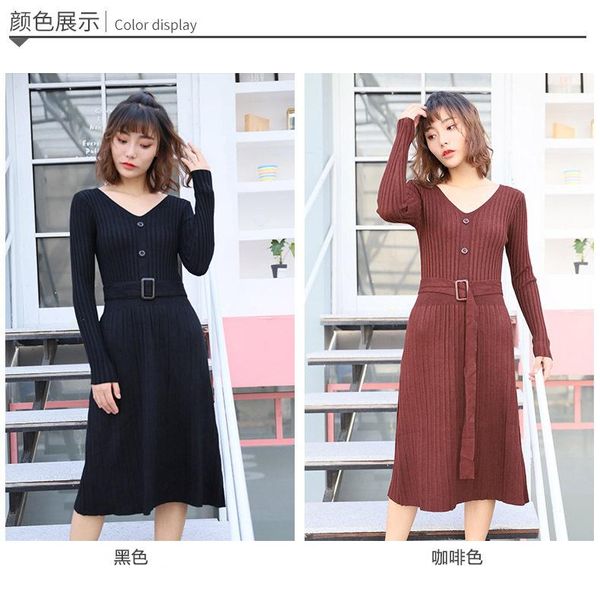 

casual dresses korean brief designer women knitted dress long sleeve twist knot lace up split autumn bandage, Black;gray