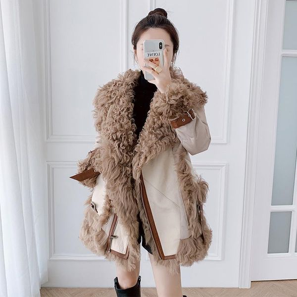 

women's fur & faux women sheepskin shearling coat warm down motorcycle lamb brown leather jacket plus size winter clothing y327, Black