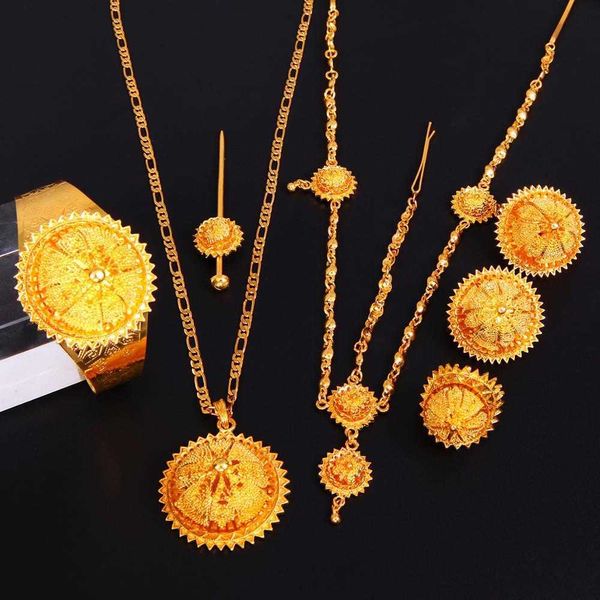 Set di gioielli alla moda etiopi color oro catena per capelli da donna bastoncino per capelli ciondolo orecchini braccialetto anello H1022