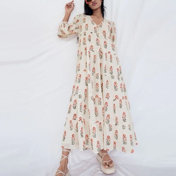 

casual spring long sleeve floral dress women v neck patchwork es beach vacation female loose streetwear 210525, Black;gray