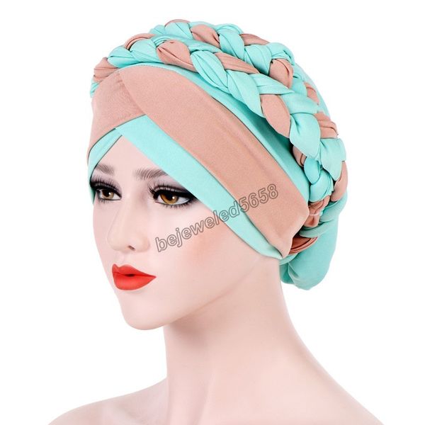 

muslim hat new european and american foreign trade two color braided headgear milk silk indian headwear hijabs women cap hood, Blue;gray