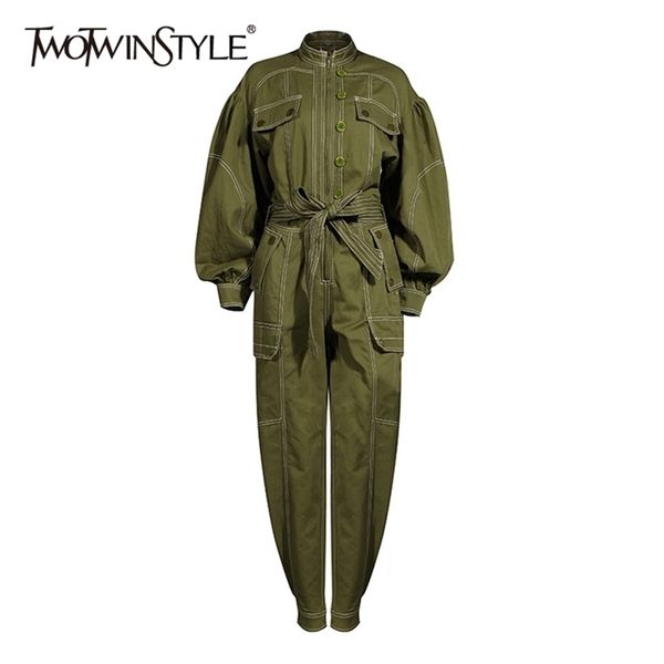 Tuta verde militare casual per le donne Collare alla coreana Manica a lanterna Vita alta Tute con lacci Bowknot Donna 210521