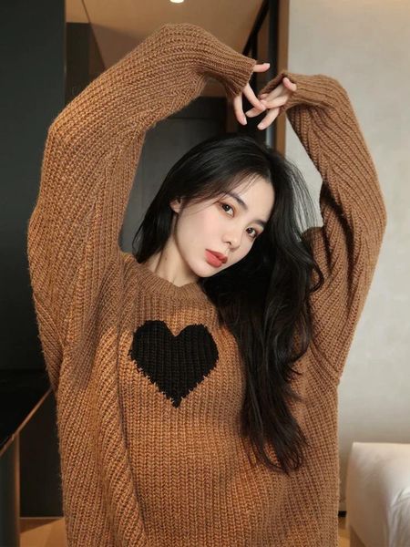 

women's sweaters juice snow 2021 autumn and winter casual all-match fashion lazy love pattern loose pullover women sweater, White;black