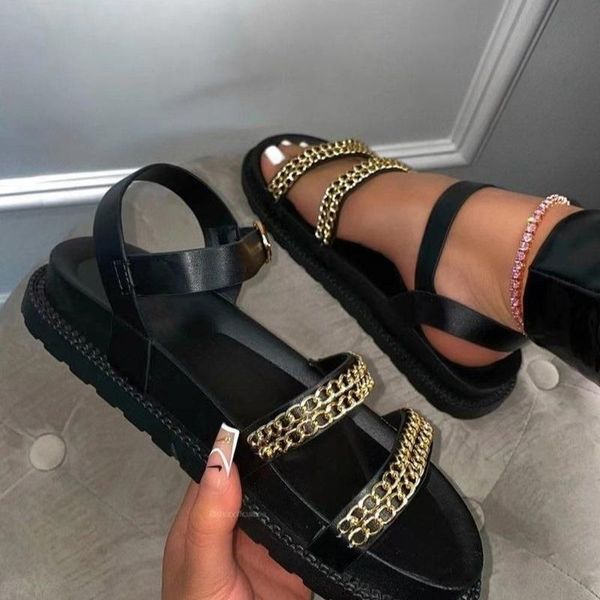 

chain women sandals fashion candy color summer solid platform shoes peep toe punk pu sandal, Black