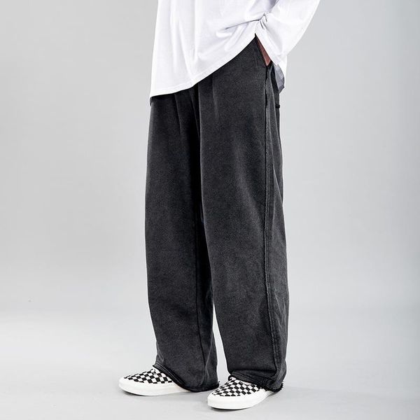 

casual loose straight sweatpants jogger trousers male streetwear hip hop oversize long pants broken side vintage fashion men mid men's, Black
