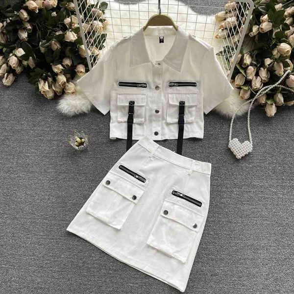 

fashion jeans suit korean 2 piece set women double pocket bodycon mini skit femme roupas summer two piece set female 210515, White