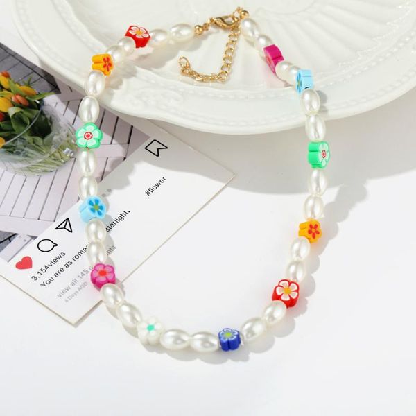 

chokers 2021 colorful flower pearl necklace for women fashion simple short beaded necklaces jewelry chain choker girl gift, Golden;silver
