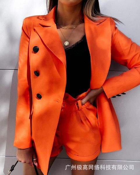 

women's tracksuits 2021 spring and autumn orange long-sleeved lapel suit shorts ladies temperament commuter two-piece set-belt, Gray