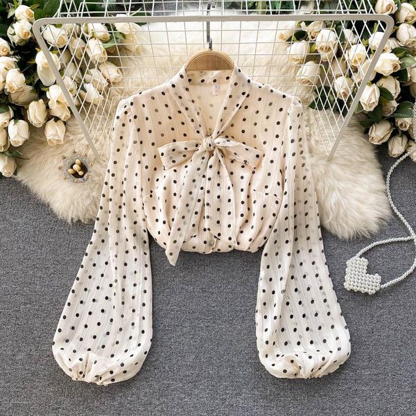 

women's blouses & shirts spring fashion retro chiffon shirt women bow neck long sleeve dot print mesh korean clothing blouse r154, White