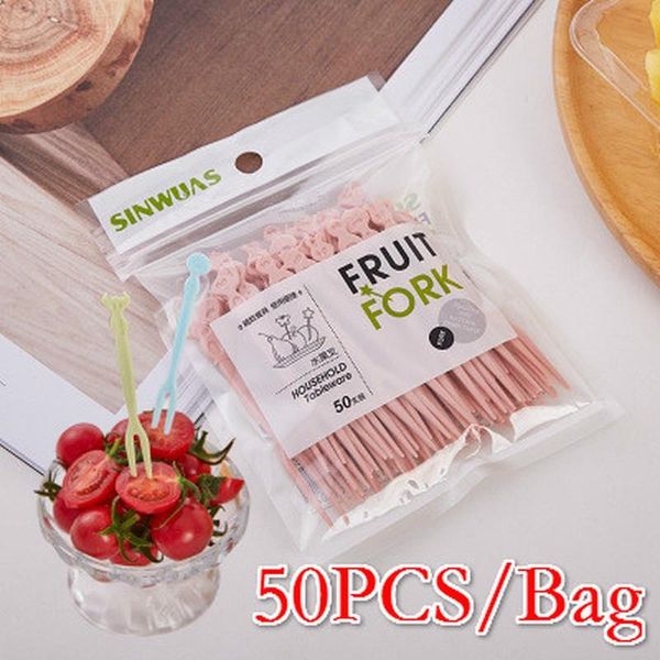 

disposable flatware 50pcs/bag plastic fruit forks mini cartoon picks dessert snack cake party supplies