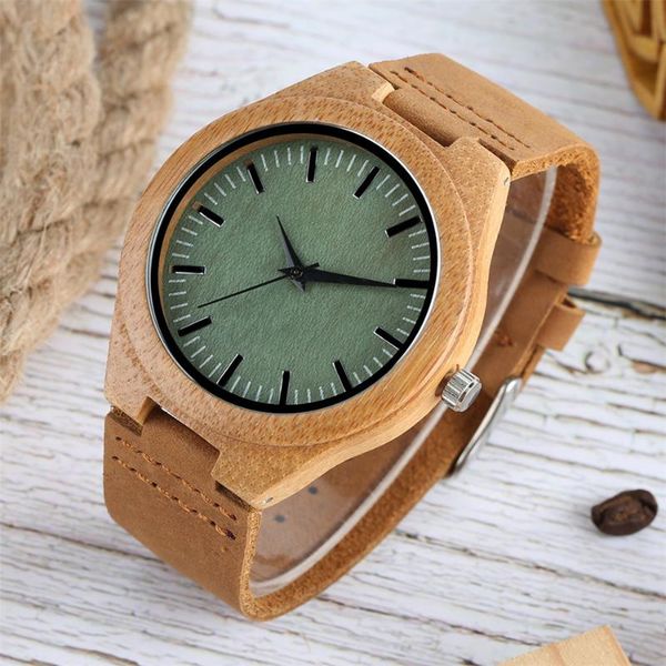 

wristwatches fashion green bamboo wood men watches black analog genuine leather quartz wristwatch natural wooden clock relojes masculinos, Slivery;brown