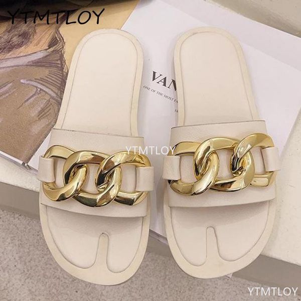 

slippers women's shoes black flat sandals fashion open toe golden chain ladies zapatillas de casa vqbx