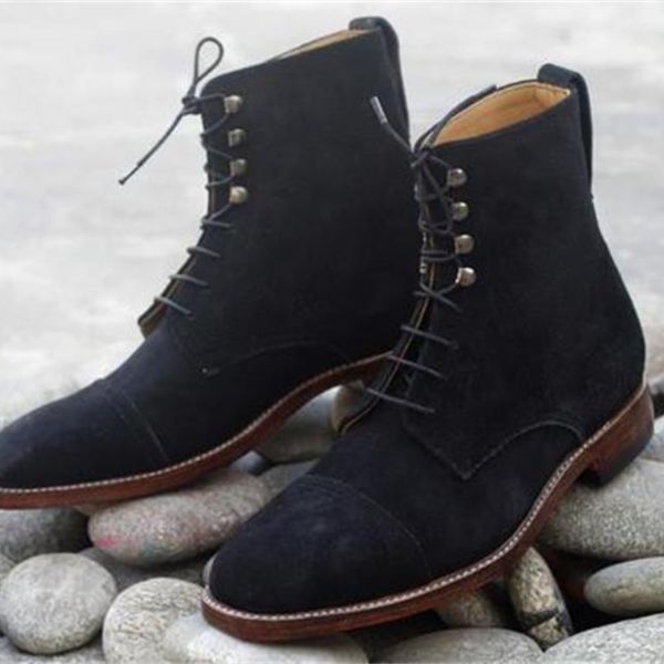 

black suede high business casual ankle boots classic round head wingtip lace up fashion men low heel english style jeans are suitable for we