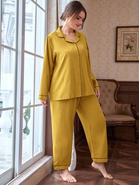 

plus contrast piping pocket patched blouse & pants pj set d9u6#, Black;white