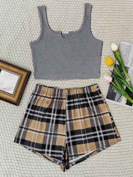 

plaid notched neck pj set j2hq#, Black;white