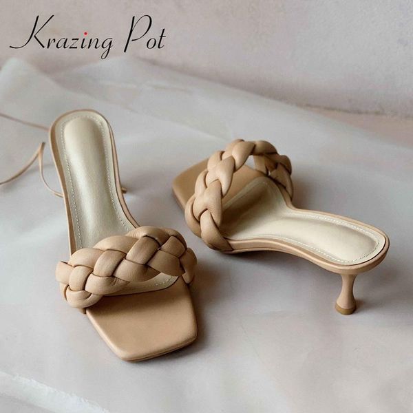 

krazing pot square toe shallow thin high heels open streetwear korean girls emerge summer macaron women outside slippers l88, Black