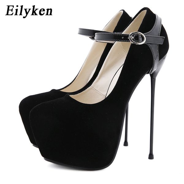 

eilyken buckle strap platform pumps wedding women fetish shoes pumps very high heel stripper flock club pumps c0410, Black