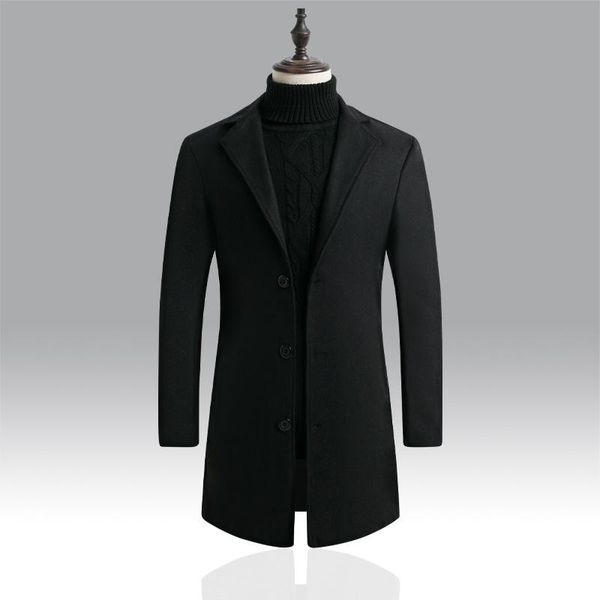 

men's wool & blends 2021 autumn and winter woolen coat korean style slim mid-length windbreaker, Black