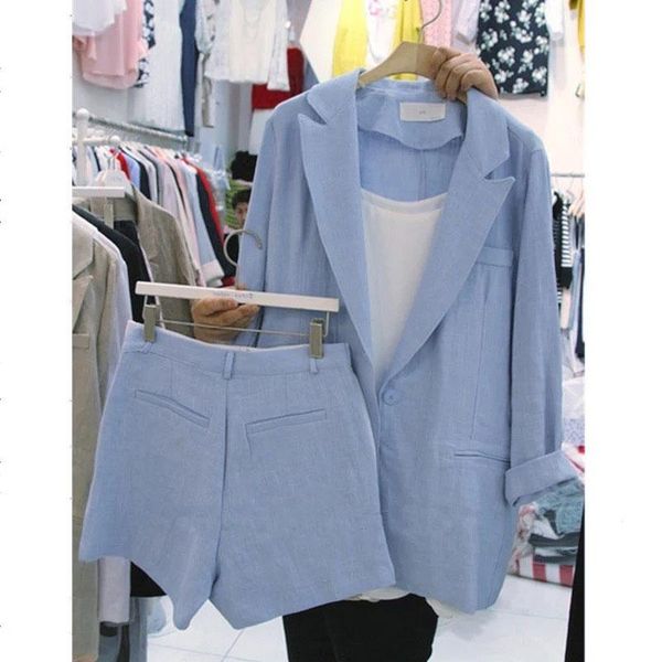 

women's tracksuits 2021 fashion spring small suit jacket shorts cotton and linen loose casual two-piece tide, Gray