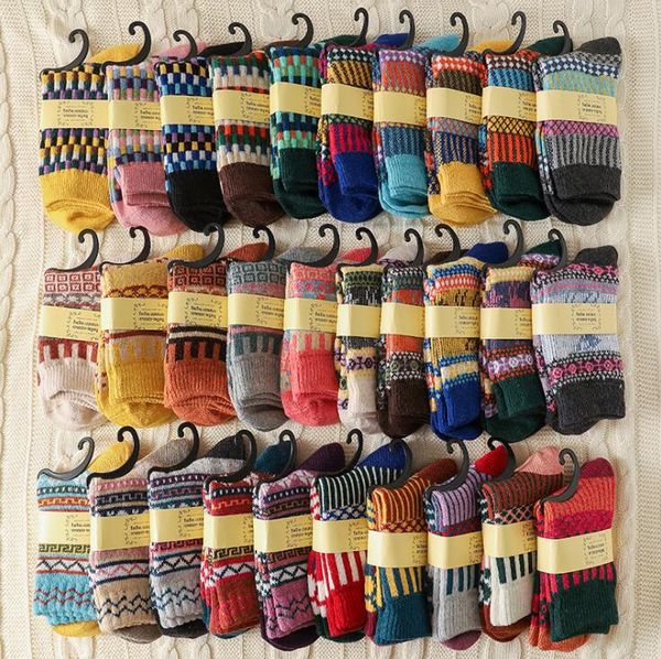 

vintage wool thick warm socks winter knit pattern christmas gift hosiery for women men colorful, Black;white