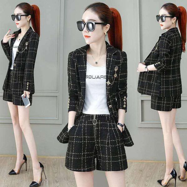 

women's two piece pants 2021 autumn winter blazer set women blazers jacket coats + shorts suit korean 2 suits y246, White