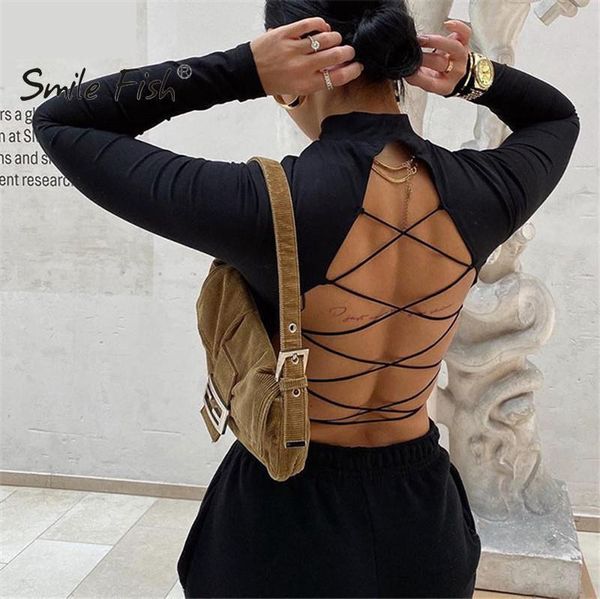 

women's t-shirt women clothes backless tie back snap buttons lace up crop spring autumn cotton tshirts turtleneck black tees mujer m03, White