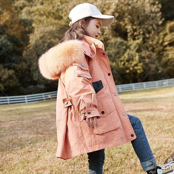 

down coat fashion winter children denim thick warm jacket kids fur hooded covered button outerwear girls big pocket casual zipper top, Blue;gray