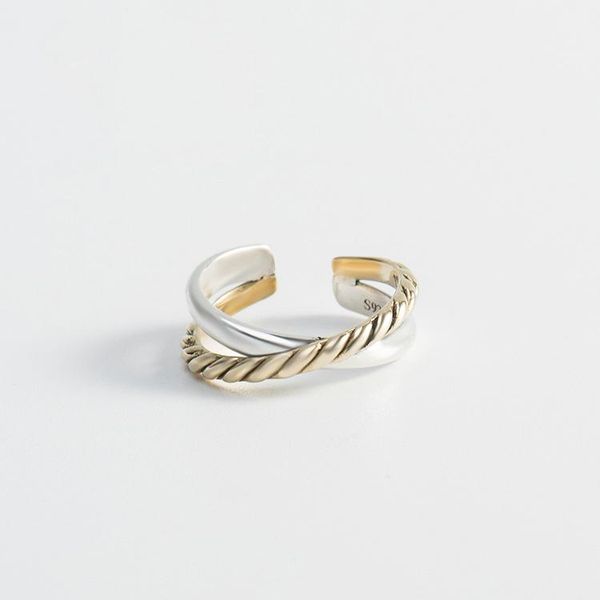 

japan korean s925 sterling silver ring girl mouth twist pattern fashion simple jewelry hand real color separation cluster rings, Golden;silver