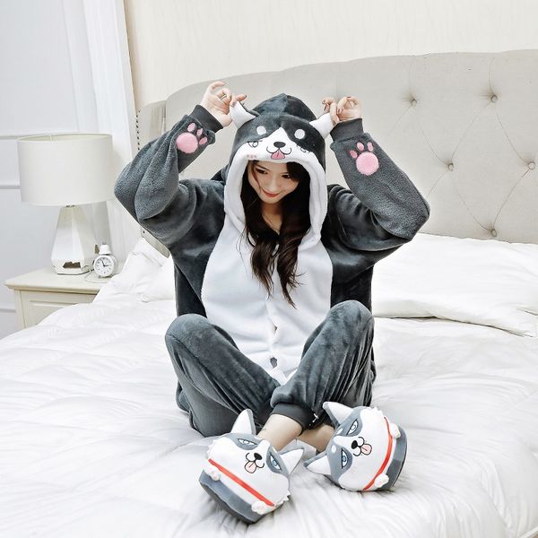 

2021set kigurumi women men animal corgi pajamas flannel cartoon dog cosplay onesie corgi warm winter pijama, Black;red