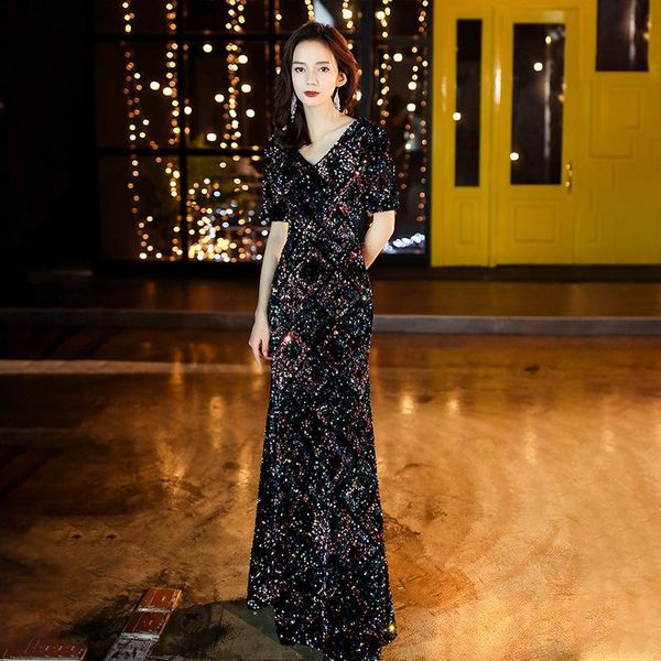 

black evening dress female 2021 sequin women velvet v-neck annual meeting host long fishtail ethnic clothing, Red