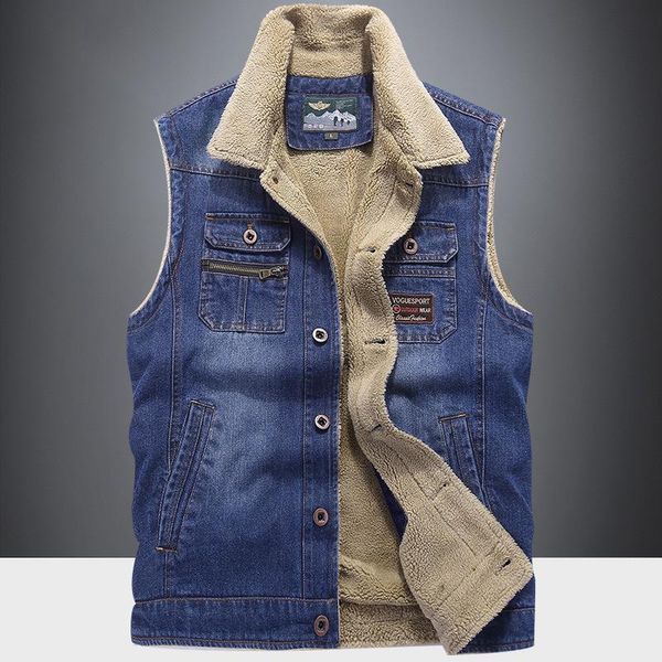 

men's vests men cashmere denim vest casual sleeveless velvet thick coat plus size windproof warm button jeans jacket pockets waistcoat, Black;white