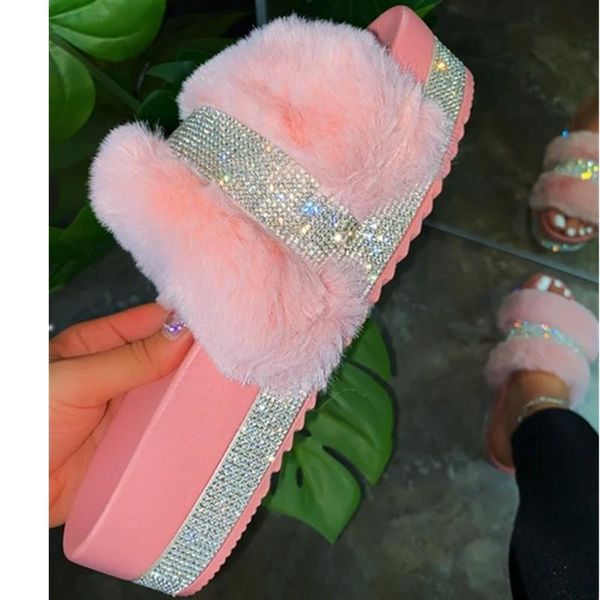 

women slippers fashion furry fluffy fur slides home flip flops crystal house platform shoes woman female ladies, Black