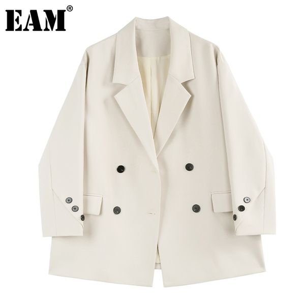 

[eam] women beige big size double breasted blazer lapel long sleeve loose fit jacket fashion spring autumn 1dd7864 21512, White;black