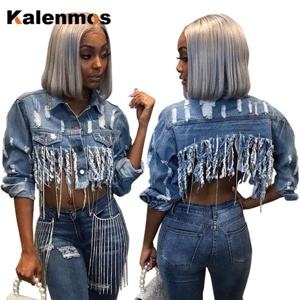 

women's jackets kalenmos tassel ripped cropped jean jacket women punk autumn chain long sleeve denim streetwear short coat female outwe, Black;brown