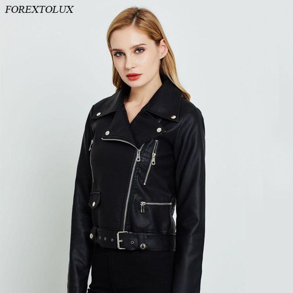 

forextolux autumn women black faux leather jackets female zipper basic pu coat turn-down collar motor biker slim belt lapel women's &