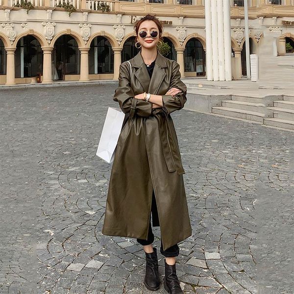 

women's leather & faux 2021 fall winter women jacket korean with belt long trench coat vintage fashion pu british windbreaker trend, Black