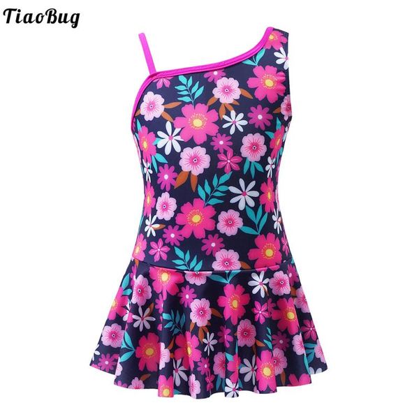 

one-pieces tiaobug summer kids girls one-piece swimming jumpsuit dress asymmetric shoulder strap flower print swimwear with ruffle hem, Black