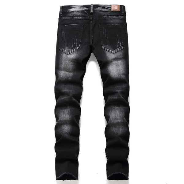 

men's jeans new arrival skinny stretch slim fit ripped denim pants fashion pattern printing hole black biker brand clothes ga8q, Blue