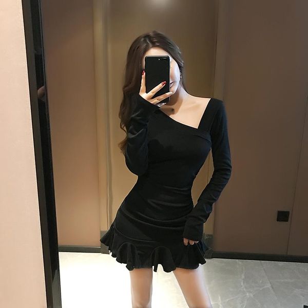 

casual dresses spring club style women's clothing party dress women long sleeve vestidos korean package hip black red, Black;gray