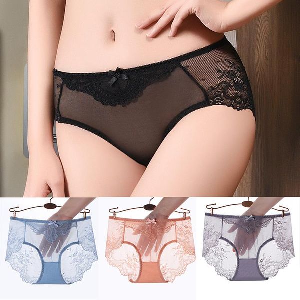 

women's panties lace transparent large size seamless hollow mesh bowknot pure cotton low-rise invisible breathable briefs, Black;pink