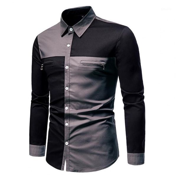 

men's casual shirts men patchwork long sleeve zipper design turn-down collar business shirt blouse streetwear for daily wear, White;black