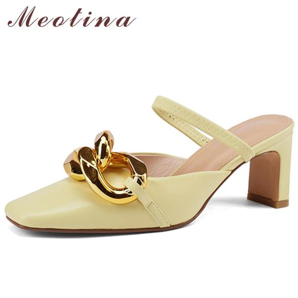 

dress shoes meotina women slippers genuine leather mules chain thick high heels slides summer square toe ladies footwear yellow 41, Black