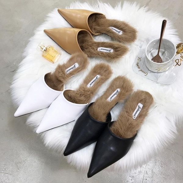 

slippers mules cotton shoes woman pointy toe kitten heels solid soft leather hair fur slides brand design femme flipflops, Black
